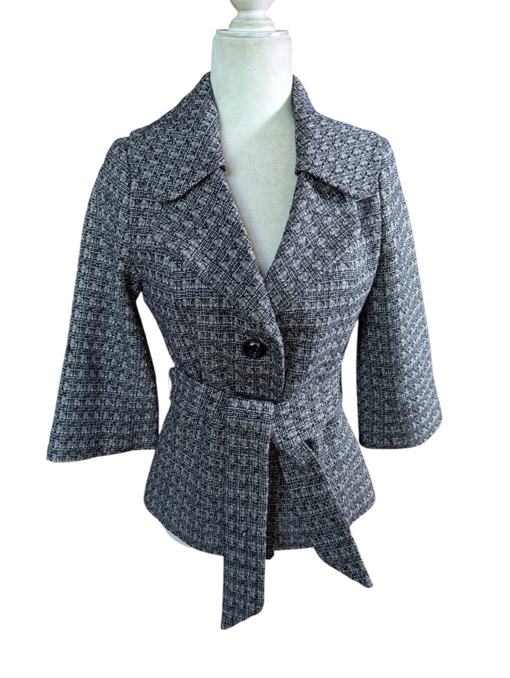 Gray/Black Tweed Peplum Blazer Jacket Structured Career Office Belted Sz XS